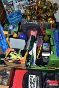 TWO BOXES OF FISHING TACKLE AND TROPHIES, including a boxed Zero Freespin 5000 spinning reel, a
