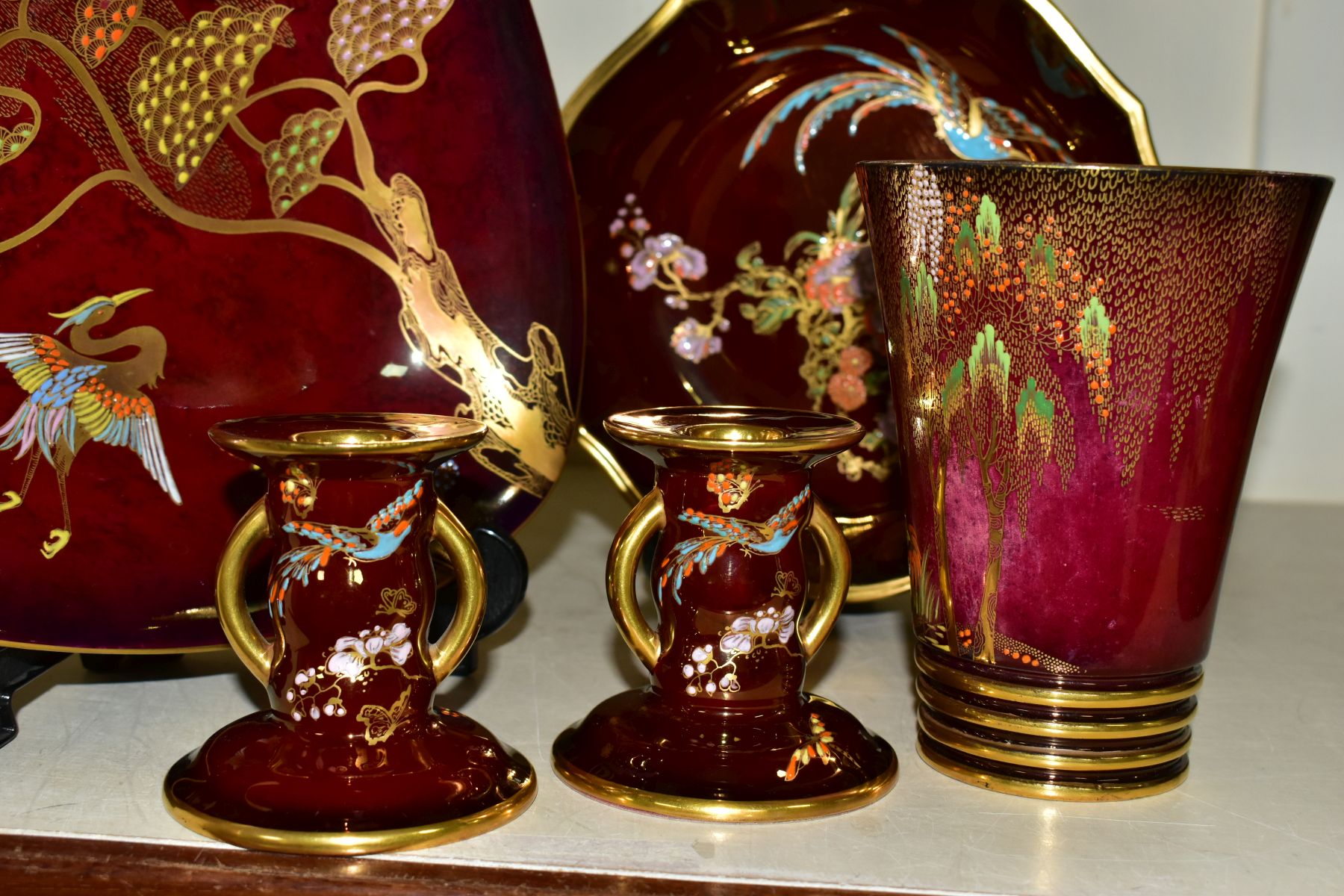 FIVE PIECES OF CARLTON WARE ROUGE ROYALE, comprising a triangular dish in the Heron and Magical Tree - Image 3 of 8
