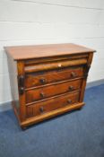 A VICTORIAN FLAME MAHOGANY SCOTCH CHEST OF FOUR DRAWERS, with the top drawer ogee fronted over three