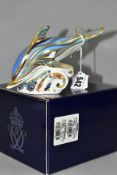 A BOXED ROYAL CROWN DERBY STRIPED DOLPHIN PAPERWEIGHT, marked to base The Striped Dolphin, A Gold