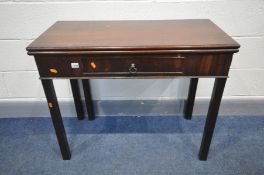 A GEORGIAN MAHOGANY TEA TABLE, the fold over top with a single frieze drawer, on square legs,