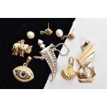 A SMALL QUANTITY OF CHARMS, A PENDANT AND A PAIR OF EARRINGS, three yellow metal charms in forms