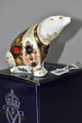 A BOXED ROYAL CROWN DERBY POLAR BEAR PAPERWEIGHT, in Imari pattern, height 10.5cm, length 14.5cm,