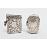 TWO SILVER VESTA CASES, the first of a rounded rectangular form, foliate detailed design with a