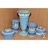 WEDGWOOD BLUE JASPER WARES ETC , comprising two small urns and two covered trinket dishes,