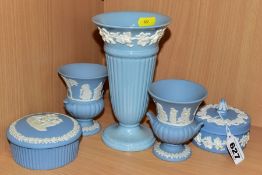 WEDGWOOD BLUE JASPER WARES ETC , comprising two small urns and two covered trinket dishes,