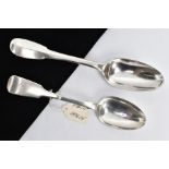 TWO SILVER TABLESPOONS, the first a fiddle pattern spoon with engraved initials to the handle,
