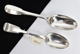 TWO SILVER TABLESPOONS, the first a fiddle pattern spoon with engraved initials to the handle,