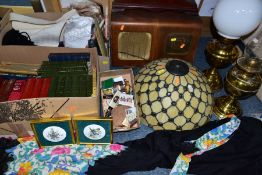 FOUR BOXES AND LOOSE BOOKS, LAMPS, PICTURES, VINTAGE RADIO, CLOCKS AND SUNDRY ITEMS, to include a