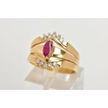 A YELLOW METAL RUBY AND DIAMOND PUZZLE RING, the centre ring designed with a tension set, marquise