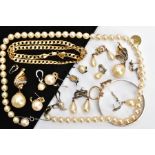 A BAG OF ASSORTED COSTUME JEWELLERY, to include an imitation pearl necklace fitted with a white
