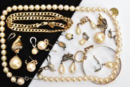 A BAG OF ASSORTED COSTUME JEWELLERY, to include an imitation pearl necklace fitted with a white