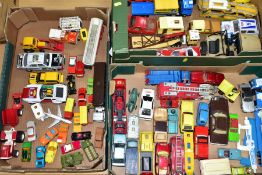 THREE BOXES OF UNBOXED AND ASSORTED PLAYWORN DIECAST VEHICLES, to include Dinky Toys fire engines,