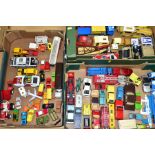 THREE BOXES OF UNBOXED AND ASSORTED PLAYWORN DIECAST VEHICLES, to include Dinky Toys fire engines,