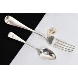 A SILVER FORK AND TEASPOON, Hanoverian fork with an engraved motif to the reverse of the terminal,