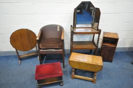 A SELECTION OF OCCASIONAL FURNITURE, to include an oak armchair, folding occasional table, drop leaf