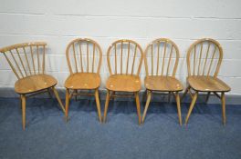 A SET OF FOUR ERCOL ELM AND BEECH KITCHEN CHAIRS, and a single ercol bow top chair (5)