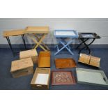 A SELECTION OF OCCASIONAL FURNITURE, to include three trays on folding, three other trays, a brass