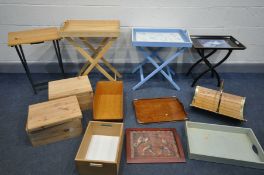 A SELECTION OF OCCASIONAL FURNITURE, to include three trays on folding, three other trays, a brass