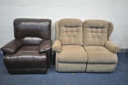 A BROWN LEATHER MANUAL RECLINING ARMCHAIR, width 102cm, along with a brown upholstered two seater