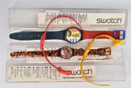 FOUR SWATCH WATCHES, to include a yellow Swatch S421, a red swatch S427, a brown Swatch S843, one