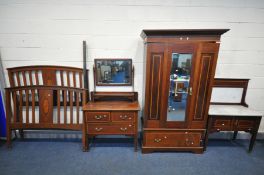 AN EDWARDIAN MAHOGANY AND INLAID FOUR PIECE BEDROOM SUITE, comprising a single mirror door wardrobe,