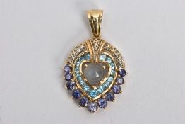 A 9CT GOLD GEM SET PENDANT, of a tear drop form, centring on a moonstone cabochon, within a surround