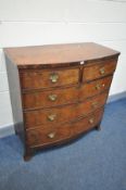 A VICTORIAN FLAME MAHOGANY BOWFRONT CHEST OF TWO SHORT AND THREE LONG DRAWERS, on splayed bracket