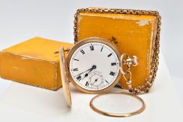 A GOLD POCKET WATCH AND ALBERT CHAIN, gold full hunter pocket watch by Dennison, Swiss made, round