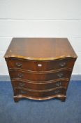 A REPRODUCTION MAHOGANY SERPENTINE CHEST OF FOUR LONG DRAWERS, on bracket feet, width 77cm x depth