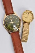 TWO GENTLEMENS WRISTWATCHES, the first with a hand wound movement, square gold dial signed '