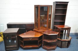 A SELECTION OF MAHOGANY OCCASIONAL FURNITURE, to include a slim open bookcase, width 67cm x depth