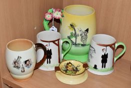 FIVE PIECES OF CARLTON WARE WITH PRINTED DECORATION, comprising a large tankard printed with comical