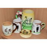 FIVE PIECES OF CARLTON WARE WITH PRINTED DECORATION, comprising a large tankard printed with comical