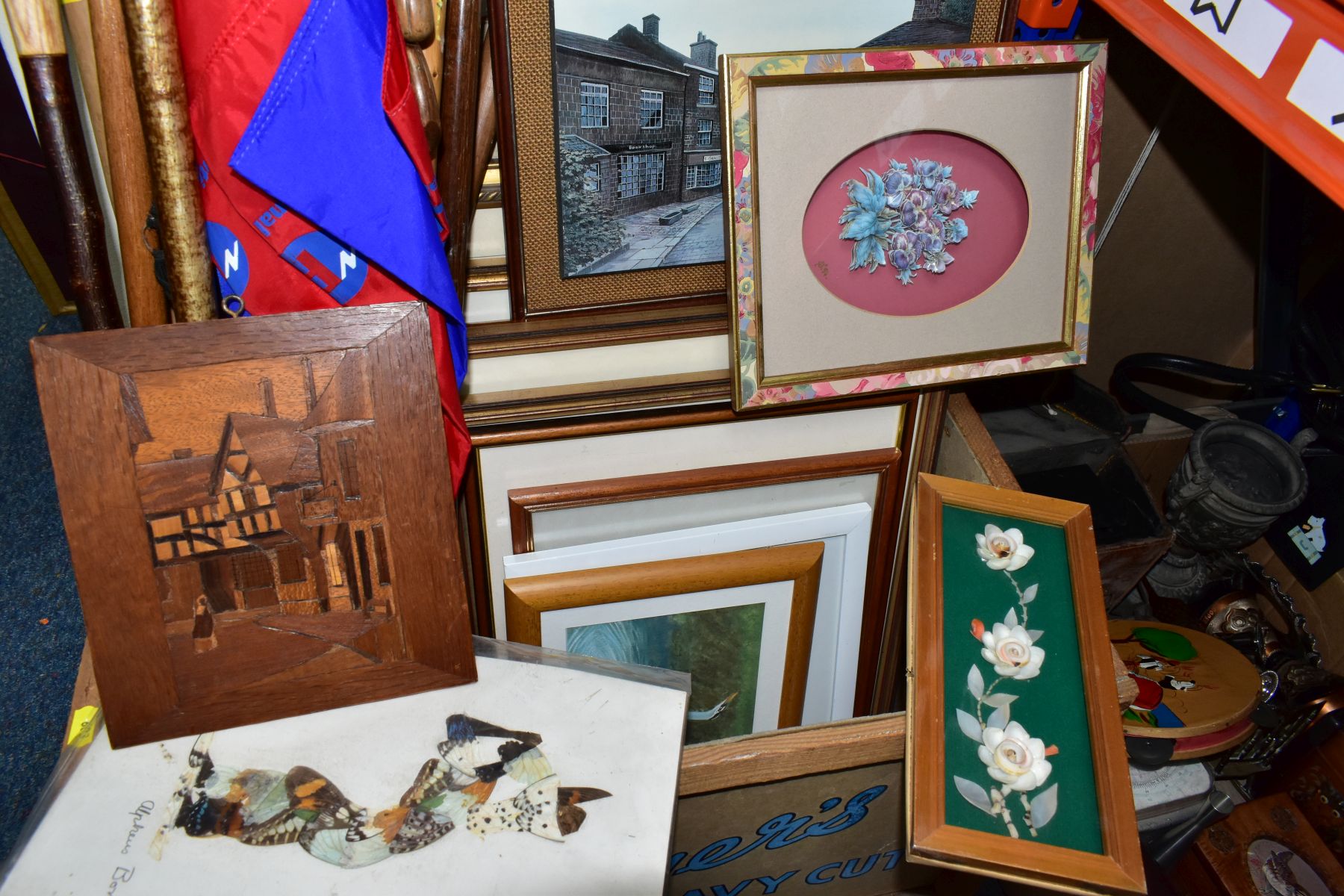 TWO BOXES AND LOOSE WALKING STICKS, PICTURES, METALWARE, COLLECTABLES, ETC, including a wooden and - Image 4 of 10