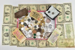 A SMALL CARDBOARD TRAY OF MIXED WORLD COINS, to include Victoria crown coins 2x 1897 LX1, 1890, a