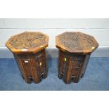 A PAIR OF HARDWOOD ANGLO INDIAN STYLE OCTAGONAL OCCASIONAL TABLES, diameter 33cm x height 42cm