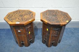 A PAIR OF HARDWOOD ANGLO INDIAN STYLE OCTAGONAL OCCASIONAL TABLES, diameter 33cm x height 42cm