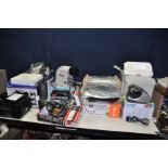 A BOX CONTAINING HOUSEHOLD ELECTRICALS AND STATIONERY ITEMS including two Dymo label printers, a