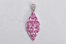 A 9CT WHITE GOLD, TOPAZ AND DIAMOND PENDANT, of a lozenge form, set with twelve pear cut pink