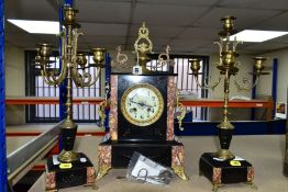 A LATE 19TH CENTURY AND LATER BLACK SLATE, MARBLE AND GILT METAL CLOCK GARNITURE, the rectangular