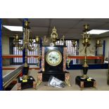 A LATE 19TH CENTURY AND LATER BLACK SLATE, MARBLE AND GILT METAL CLOCK GARNITURE, the rectangular