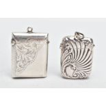 TWO VESTA CASES, the first a silver rectangular case engraved with a foliate, scroll design and