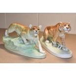 TWO CZECHOSLOVAKIAN CERAMIC BIG CATS, comprising stalking lioness and tigress, each stood on a