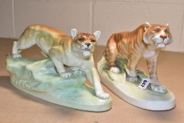 TWO CZECHOSLOVAKIAN CERAMIC BIG CATS, comprising stalking lioness and tigress, each stood on a