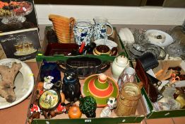 FOUR BOXES AND LOOSE CERAMICS, GLASS AND SUNDRY ITEMS, to include a Wood and Sons 'Pussyfoot'