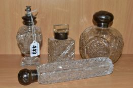 FOUR LATE VICTORIAN / EARLY 20TH CENTURY CUT GLASS SCENT BOTTLES AND FLASK WITH SILVER MOUNTS,