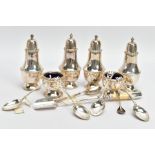 A SELECTION OF SILVER ITEMS, to include two pairs of pepperettes, plain polished design with