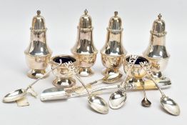 A SELECTION OF SILVER ITEMS, to include two pairs of pepperettes, plain polished design with