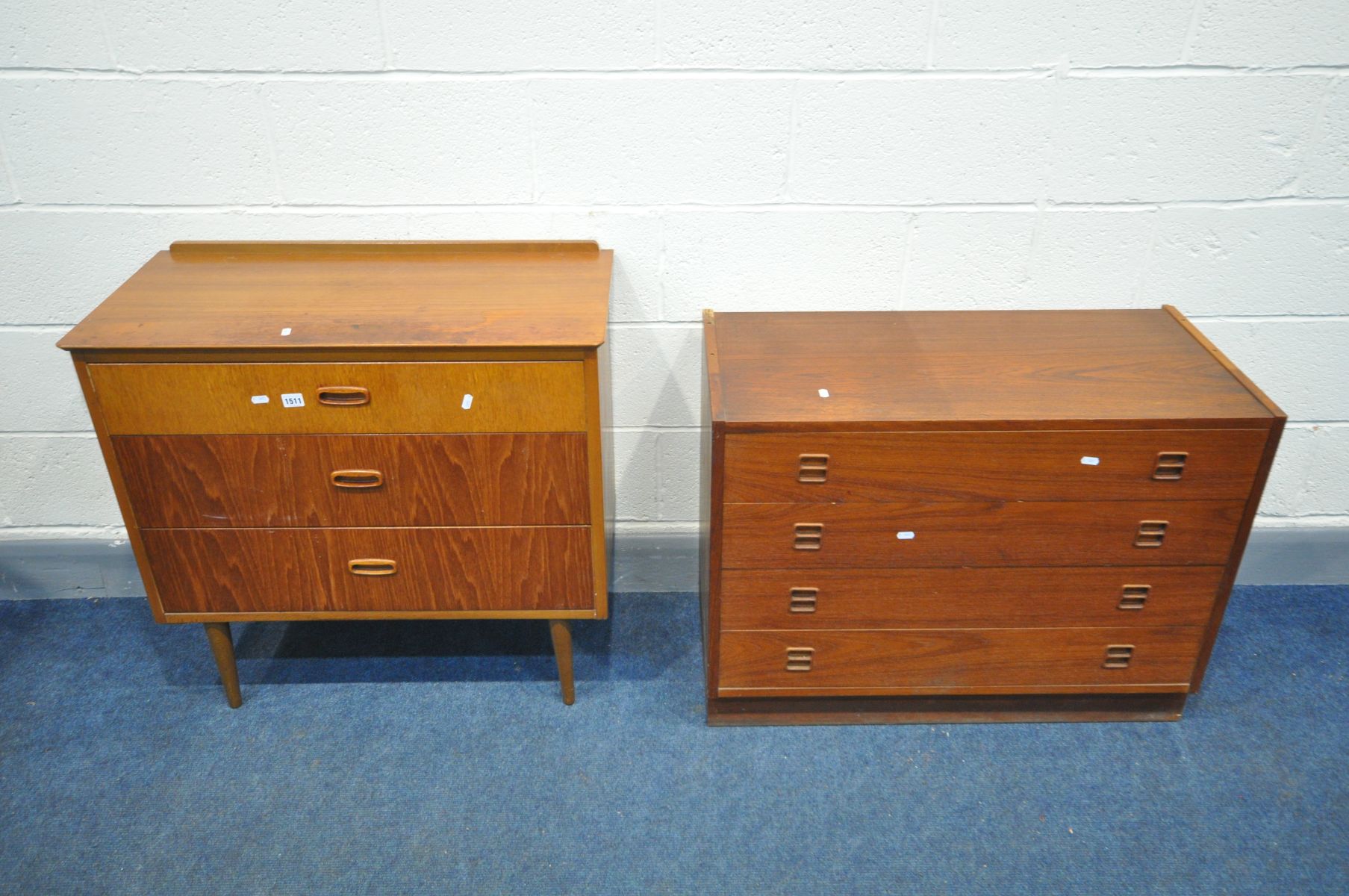 A MID CENTURY TEAK CHEST OF THREE DRAWERS, width 82cm x depth 40cm x height 79cm (condition:-